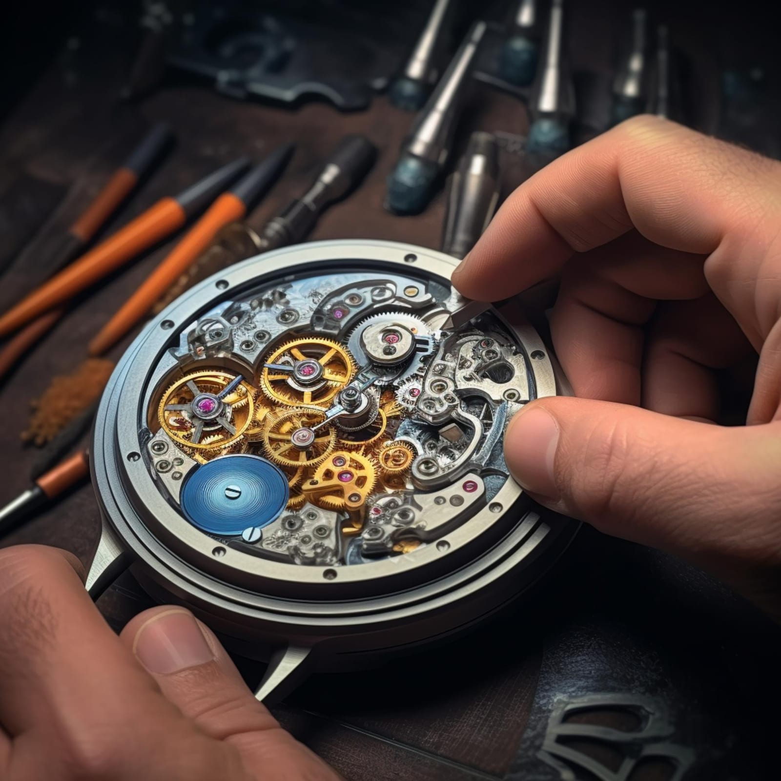 Mani che regolano un movimento scheletrato aperto su un banco, circondato da cacciaviti da orologiaio