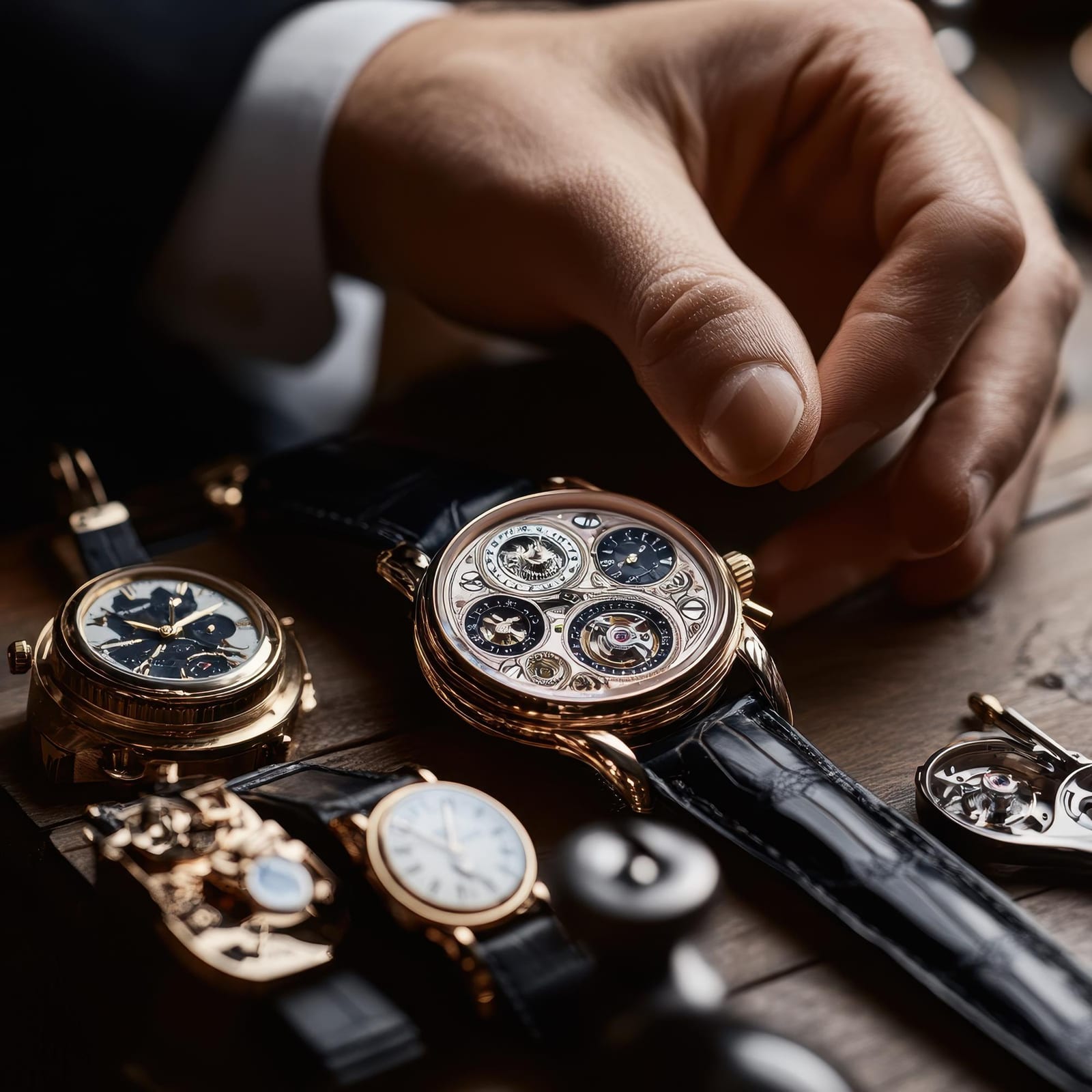 Mano che seleziona un orologio meccanico dal cinturino in pelle tra altri orologi appoggiati sul banco